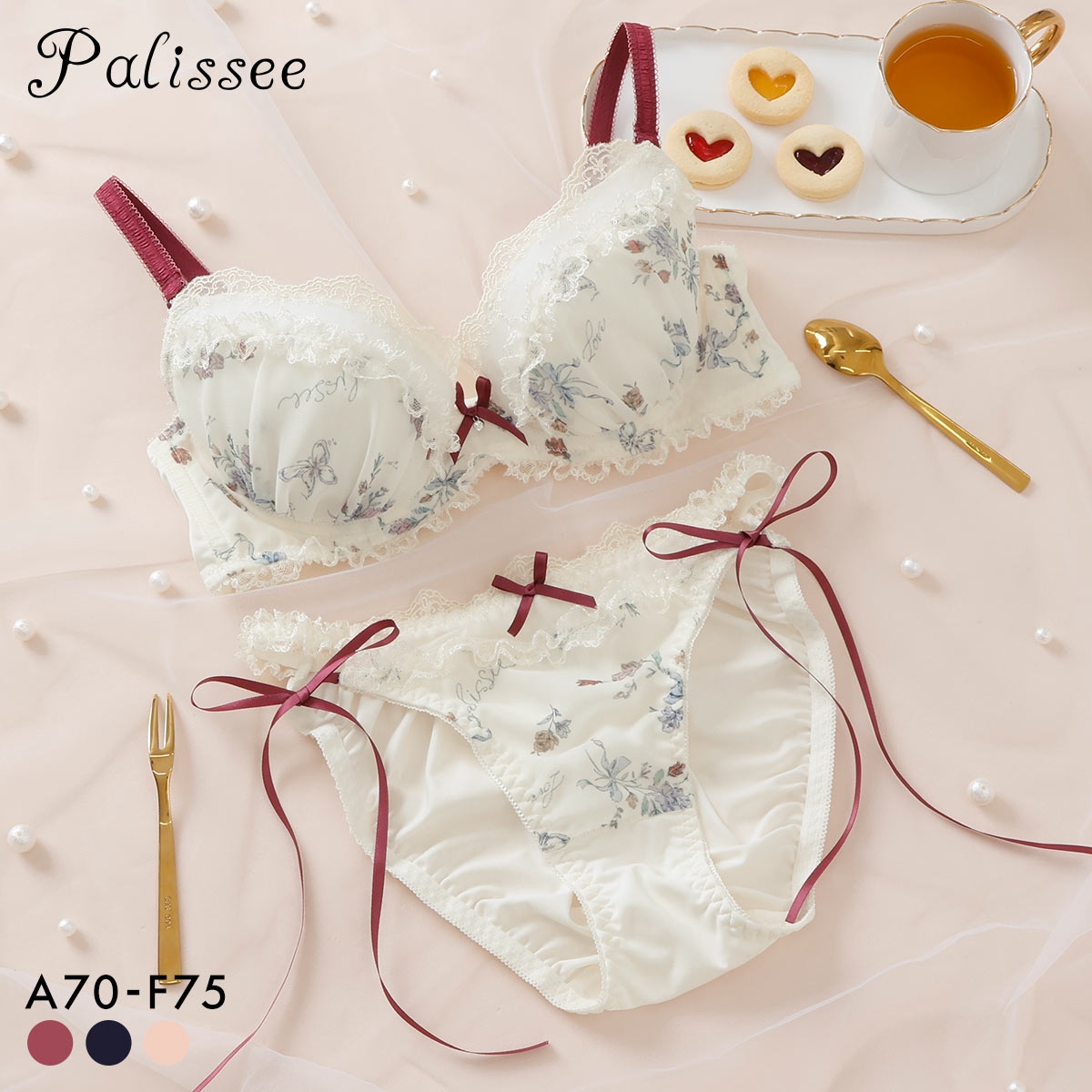 パリーゼ クラシカルガーリー ブラセット サイドリボン プリント ABCDEF ブラジャー ショーツ セット ナイスフィット Palissee(WI-ワイン-A70-M)