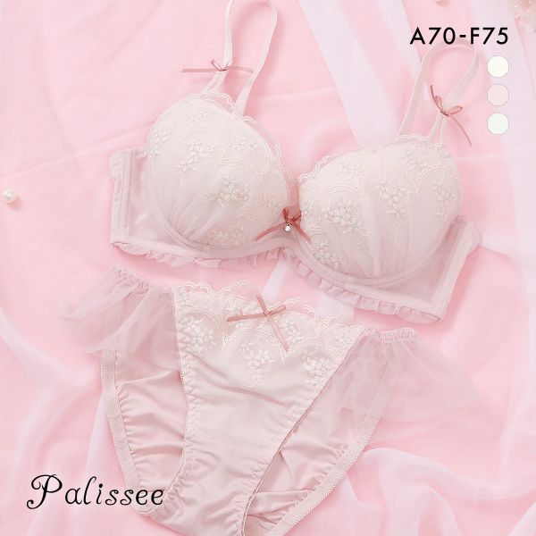 パリーゼ フリルスカラップ ブラセット ABCDEF ショーツ セット 小花刺繍 フリル まる胸 ナチュラル Palissee