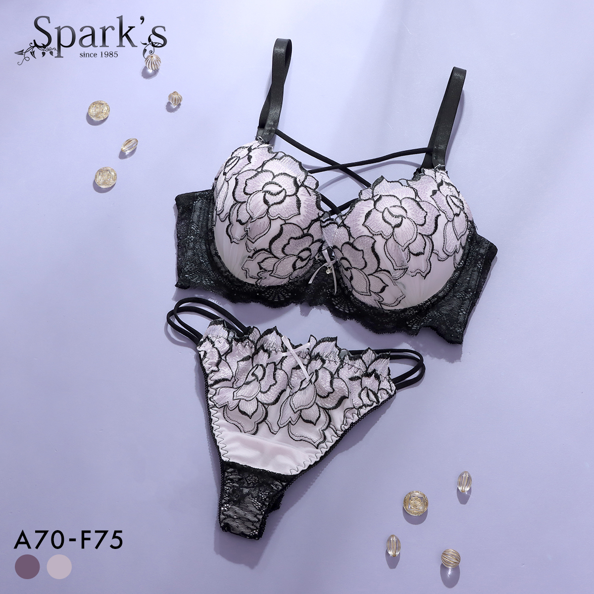 スパークス ノワールローズ ブラジャー Tバックショーツ セット 脇高 谷間 ABCDEF バックレース SPARKS 大きいサイズ(LPU-薄パープル-A70-M)