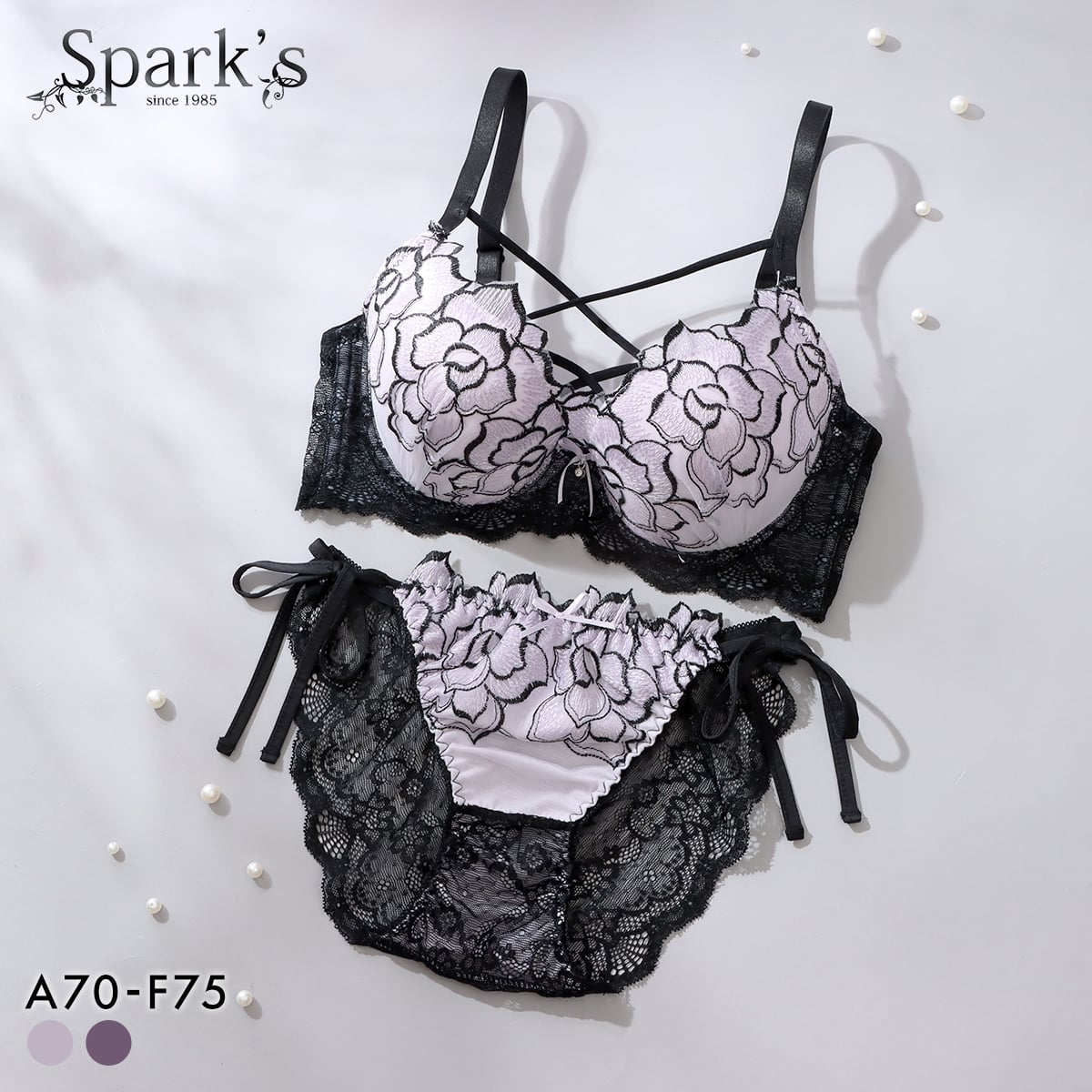 スパークス ノワールローズ ブラジャー ノーマルショーツ セット サイドリボン 脇高 谷間 ABCDEF バックレース 紐パン SPARKS