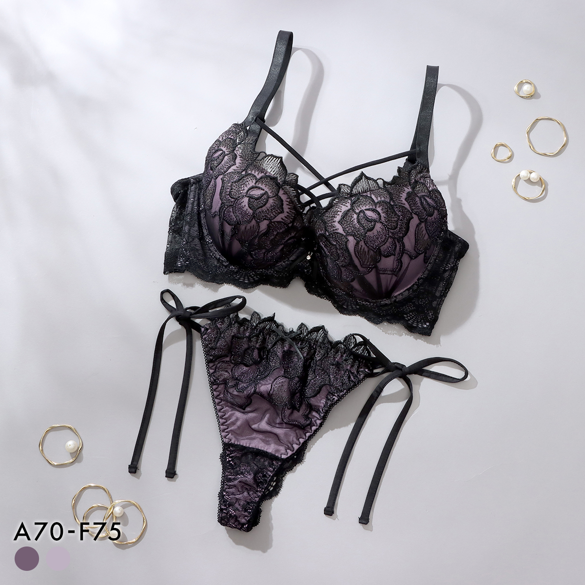 スパークス ノワールローズ ブラジャー Tバックショーツ セット サイドリボン 脇高 谷間 ABCDEF バックレース 紐パン SPARKS(DPU-濃パープル-A70-M)