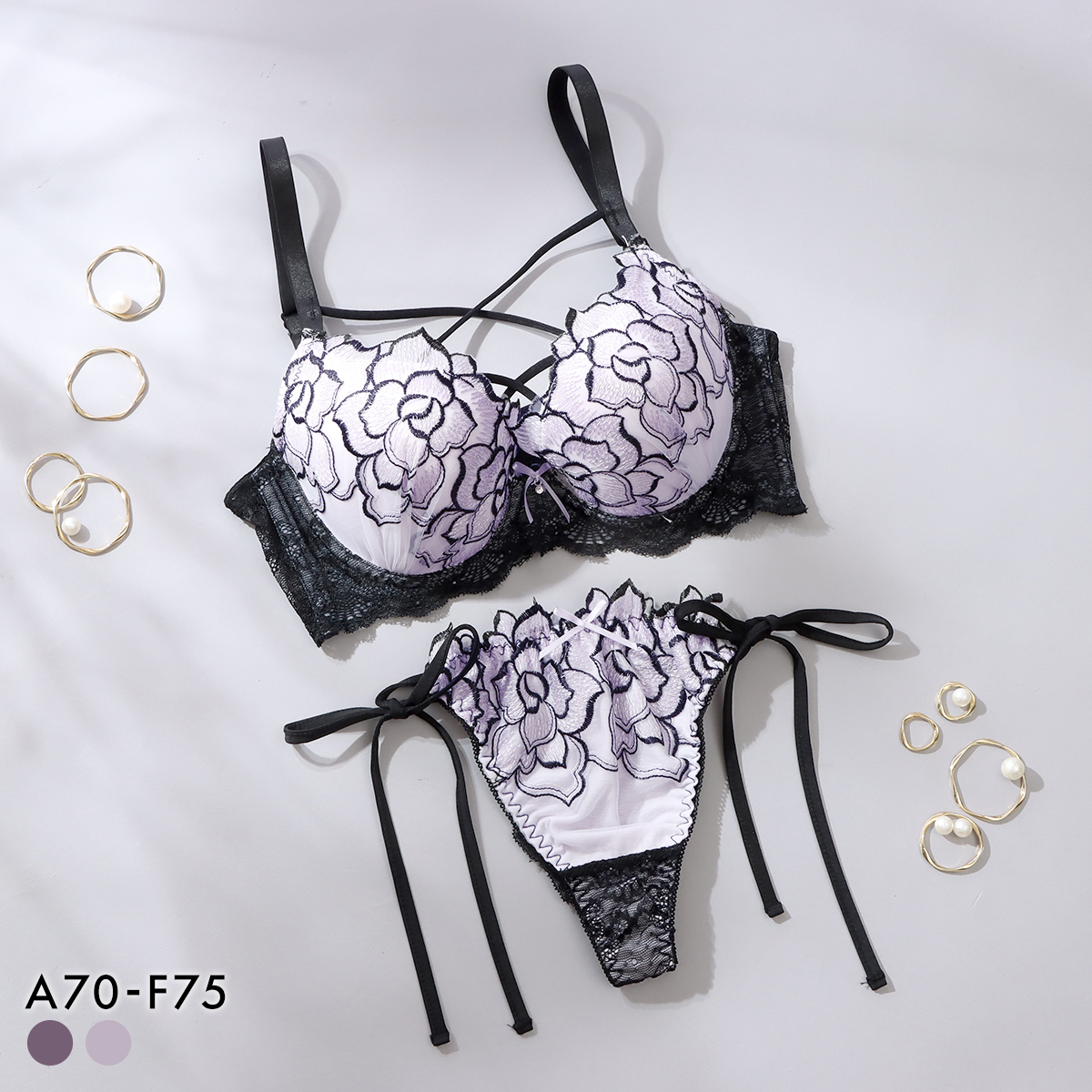 スパークス ノワールローズ ブラジャー Tバックショーツ セット サイドリボン 脇高 谷間 ABCDEF バックレース 紐パン SPARKS(LPU-薄パープル-A70-M)