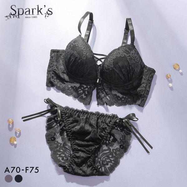 スパークス ビスチェ風モノトーンレースアップ ブラジャー ショーツ セット ノーマルショーツ 脇高 ABCDEF バックレース SPARKS