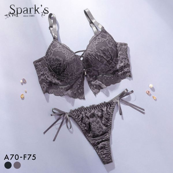 スパークス ビスチェ風モノトーンレースアップ ブラジャー ショーツ セット Tバックショーツ 脇高 ABCDEF バックレース SPARKS