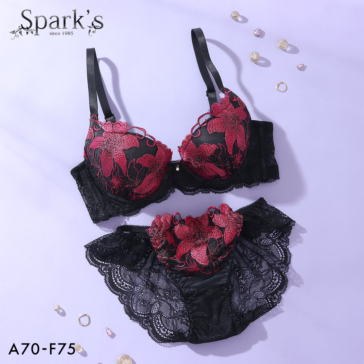 スパークス ブラジャー ノーマルショーツ セット ABCDEF ブラセット レース フラワー 脇高 盛り 谷間 バックレース 下着 SPARKS(RE-レッド-A70-M)