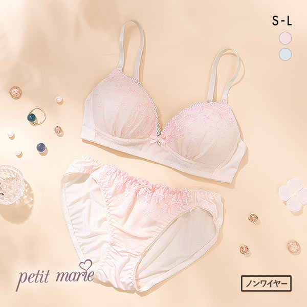 プチマリー petit marie WHITE リボン刺繍 ノンワイヤー ブラジャー ショーツ セット ラメ SML プチマリー petit marie WHITE リボン刺繍 ノンワイヤー ブラジャー ショーツ セット ラメ SML
