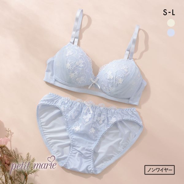プチマリー ガーリーハートレース ノンワイヤー ブラセット ブラジャー ショーツ セット petit marie WHITE