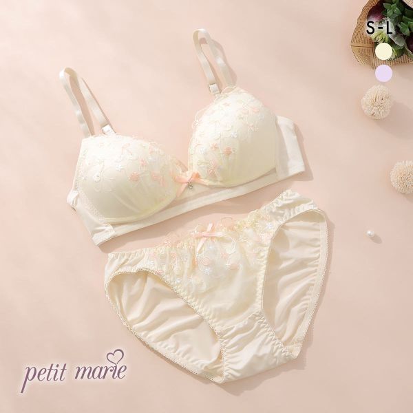 プチマリー ガーリーチェリーレース ノンワイヤー ブラセット ブラジャー ショーツ セット petit marie WHITE