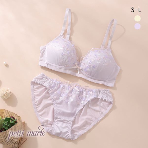 プチマリー ガーリーチェリーレース ノンワイヤー ブラセット ブラジャー ショーツ セット petit marie WHITE