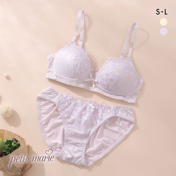 プチマリー ガーリーチェリーレース ノンワイヤー ブラセット ブラジャー ショーツ セット petit marie WHITE