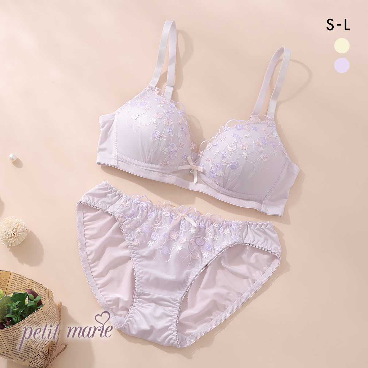 プチマリー ガーリーチェリーレース ノンワイヤー ブラセット ブラジャー ショーツ セット petit marie WHITE(PU-パープル-S／S)