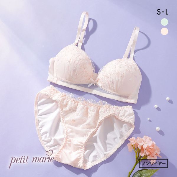 プチマリー ガーリーリボンレース ノンワイヤー ブラセット ブラジャー ショーツ セット petit marie WHITE