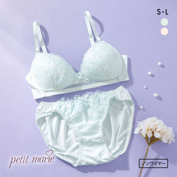 プチマリー ガーリーリボンレース ノンワイヤー ブラセット ブラジャー ショーツ セット petit marie WHITE