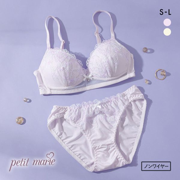 プチマリー ガーリーバタフライレース ノンワイヤー ブラセット ブラジャー ショーツ セット petit marie WHITE