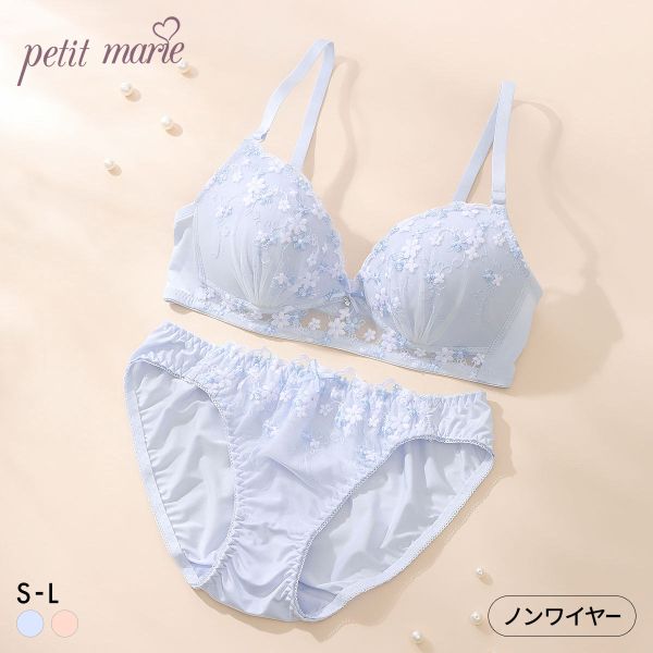 プチマリー プチフラワー刺繍 ノンワイヤー ブラセット SML ブラジャー ショーツ セット petit marie WHITE