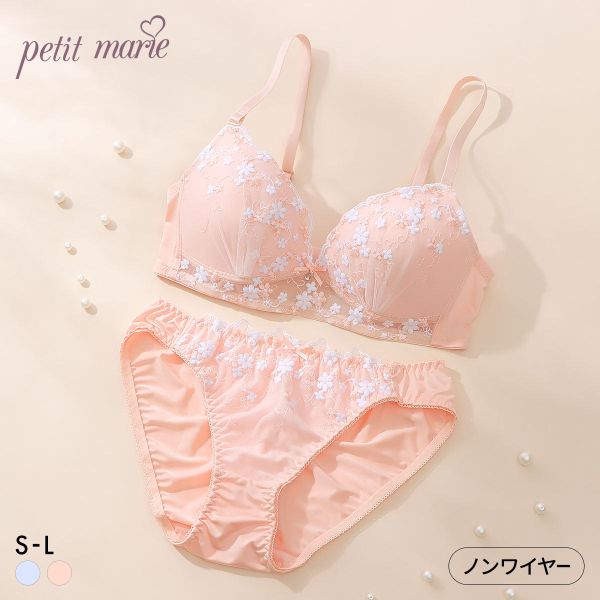 プチマリー プチフラワー刺繍 ノンワイヤー ブラセット SML ブラジャー ショーツ セット petit marie WHITE