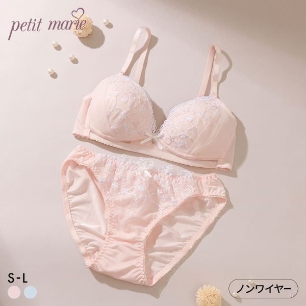プチマリー ピュアフラワーレース ノンワイヤー ブラセット ブラジャー ショーツ セット サイドチュール petit marie WHITE