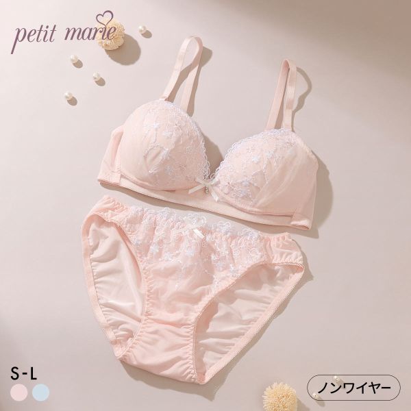 プチマリー ピュアフラワーレース ノンワイヤー ブラセット ブラジャー ショーツ セット サイドチュール petit marie WHITE