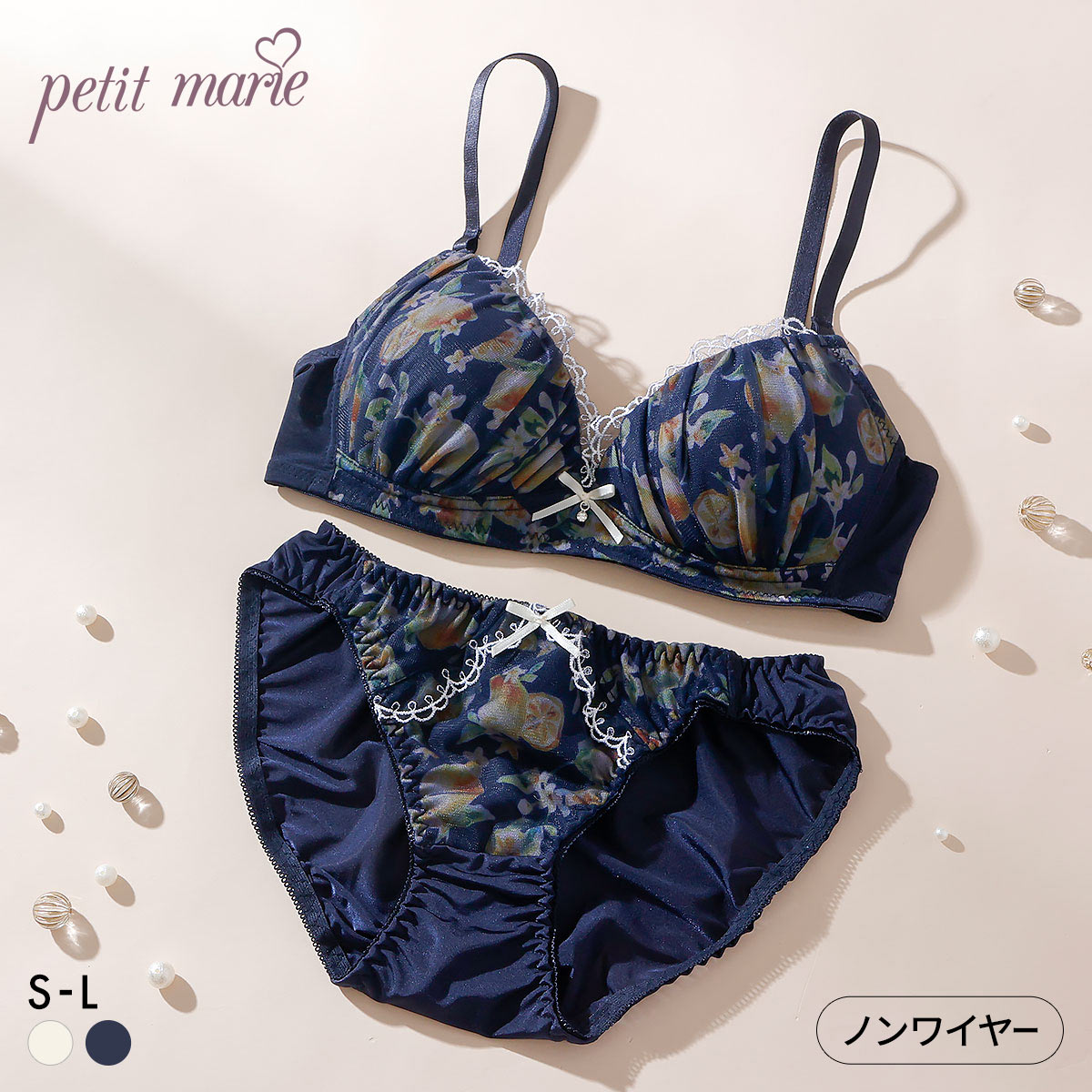プチマリー シアーレモネード ノンワイヤー ブラセット SML ブラジャー ショーツ セット プリント petit marie WHITE(NV-ネイビー-S／S)