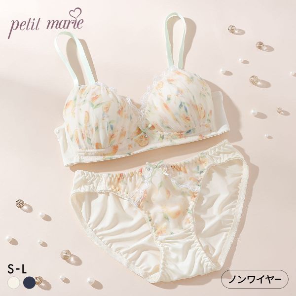 プチマリー シアーレモネード ノンワイヤー ブラセット SML ブラジャー ショーツ セット プリント petit marie WHITE