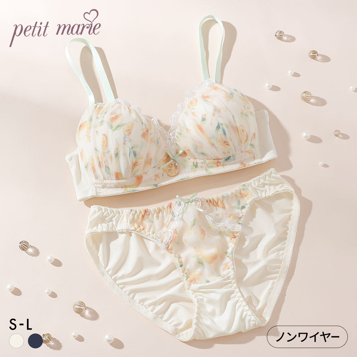 プチマリー シアーレモネード ノンワイヤー ブラセット SML ブラジャー ショーツ セット プリント petit marie WHITE