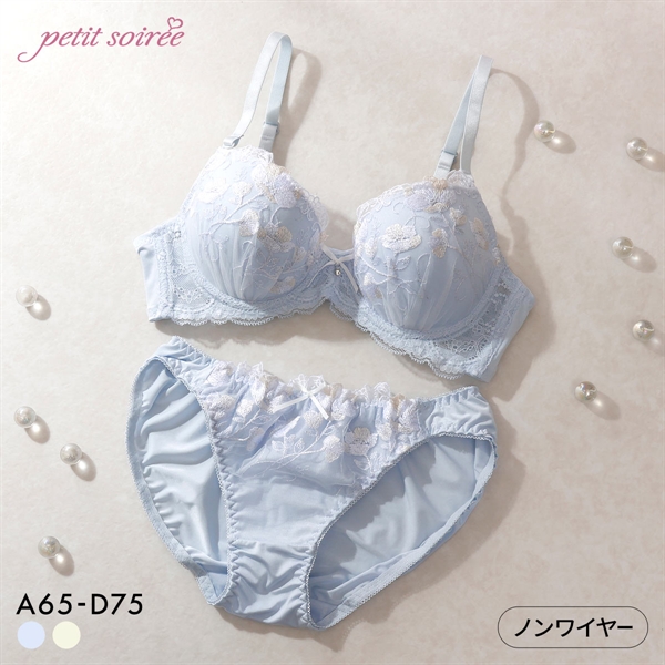 プチソワレ シアーフラワー ノンワイヤー ブラセット ABCD ブラジャー ショーツ セット 花柄刺繍 ラメ  petit soiree