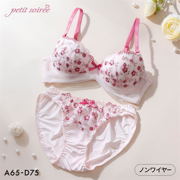 プチソワレ フラワーチュール ノンワイヤー ブラセット ABCD ブラジャー ショーツ セット 花柄刺繍 ナチュラル petit soiree