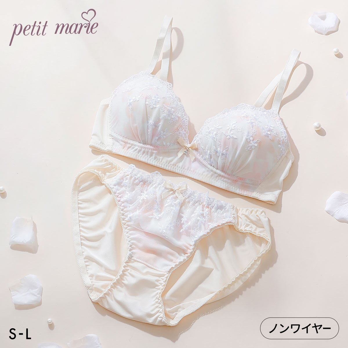 プチマリー 水彩プリントレース ノンワイヤー ブラセット ブラジャー ショーツ セット petit marie WHITE(CR-クリーム-S／S)