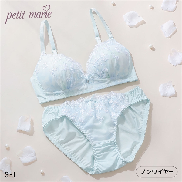プチマリー 水彩プリントレース ノンワイヤー ブラセット ブラジャー ショーツ セット petit marie WHITE