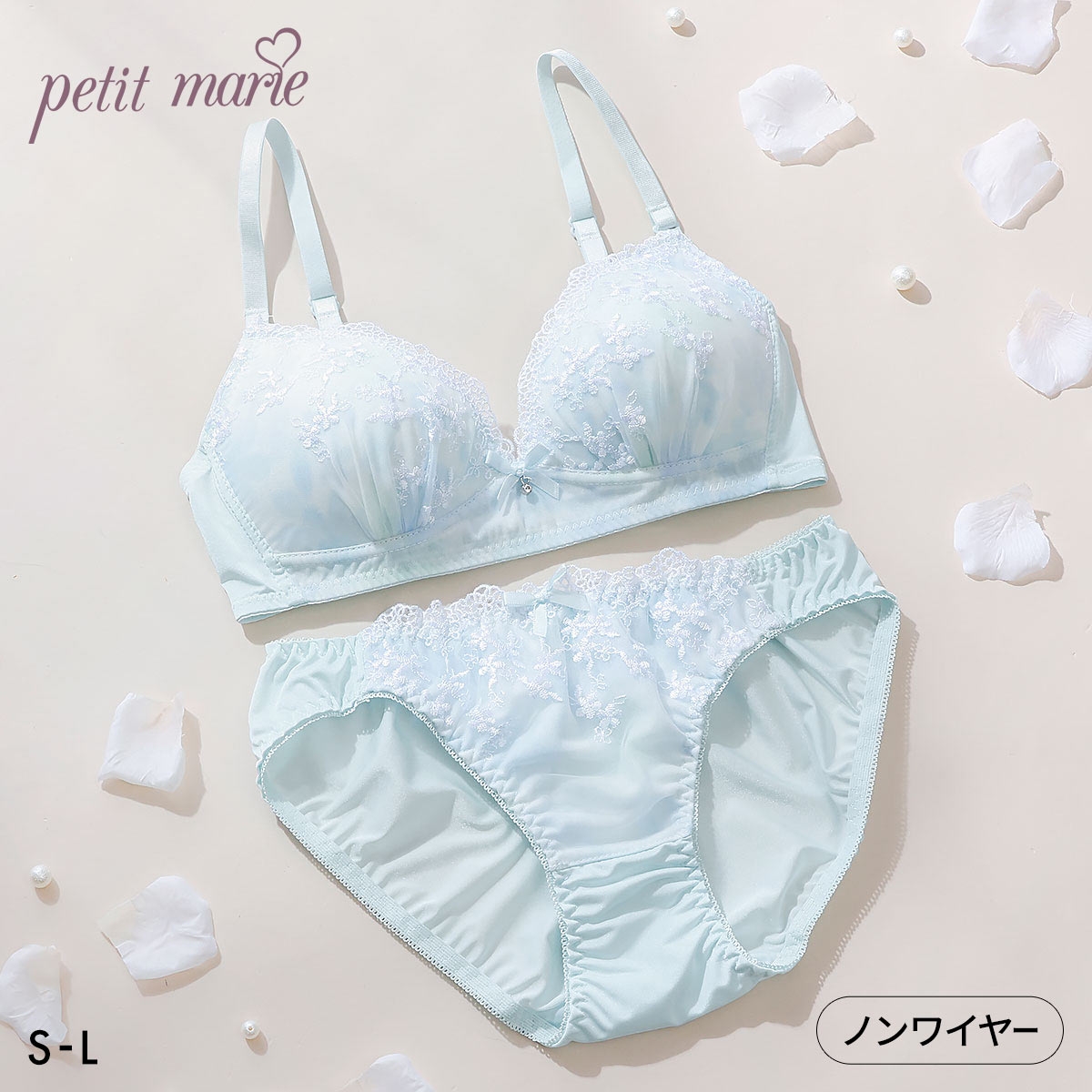 プチマリー 水彩プリントレース ノンワイヤー ブラセット ブラジャー ショーツ セット petit marie WHITE(SX-サックス-S／S)