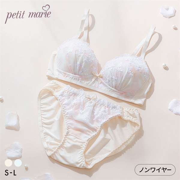 プチマリー 水彩プリントレース ノンワイヤー ブラセット ブラジャー ショーツ セット petit marie WHITE