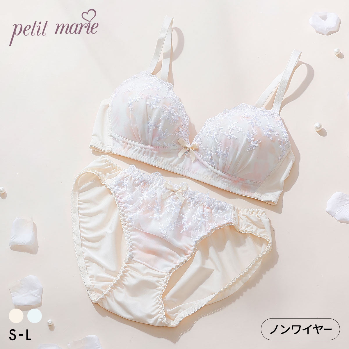 プチマリー 水彩プリントレース ノンワイヤー ブラセット ブラジャー ショーツ セット petit marie WHITE