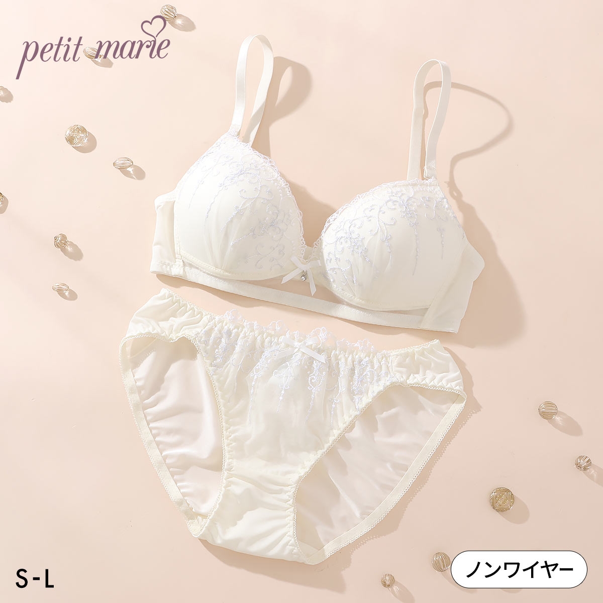 プチマリー ノンワイヤー アーチラメ刺繍  ブラセット ブラジャー ショーツ セット WHITE 下着 petit marie(IV-アイボリー-S／S)