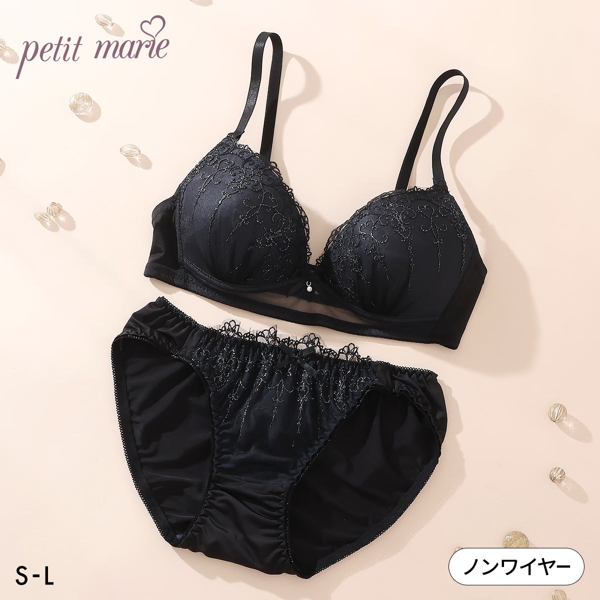 プチマリー ノンワイヤー アーチラメ刺繍  ブラセット ブラジャー ショーツ セット WHITE 下着 petit marie(BK-ブラック-S／S)