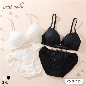 プチマリー ノンワイヤー アーチラメ刺繍  ブラセット ブラジャー ショーツ セット WHITE 下着 petit marie