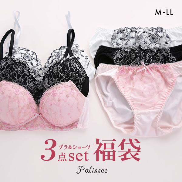 パリーゼ Palissee 福袋 ノンワイヤー ブラジャー ショーツ セット 3点セット おまかせ 刺繍レース M L LL パリーゼ Palissee 福袋 ノンワイヤー ブラジャー ショーツ セット 3点セット おまかせ 刺繍レース M L LL