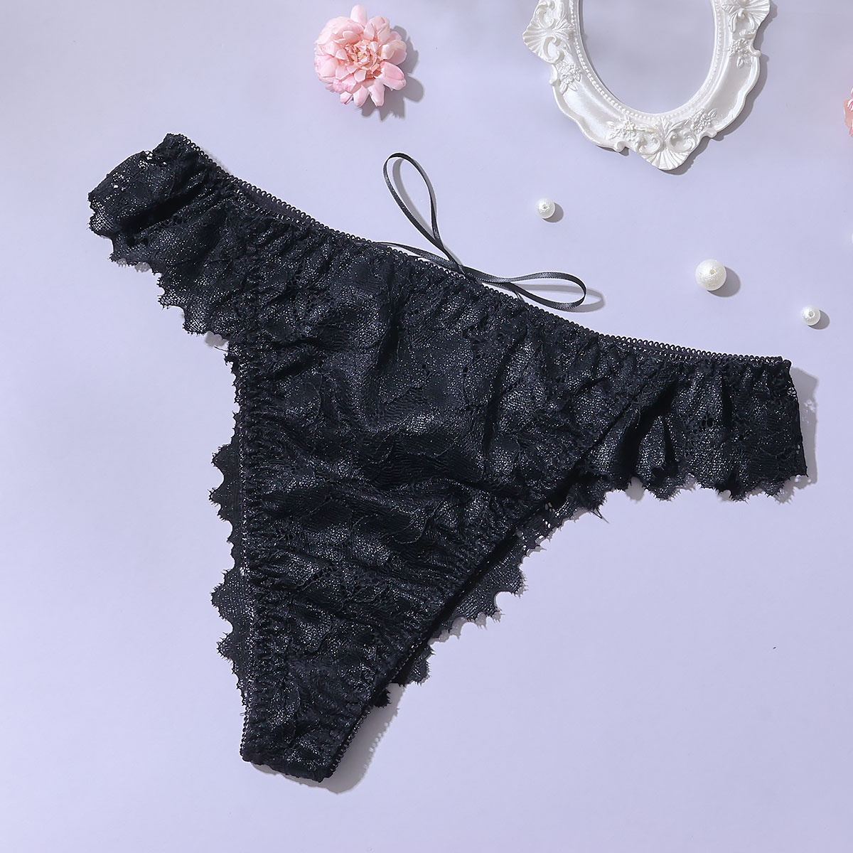 パリーゼ Palissee Mia Lingerie レースアップ Tバックショーツ 総レース 単品(BK-ブラック-M)