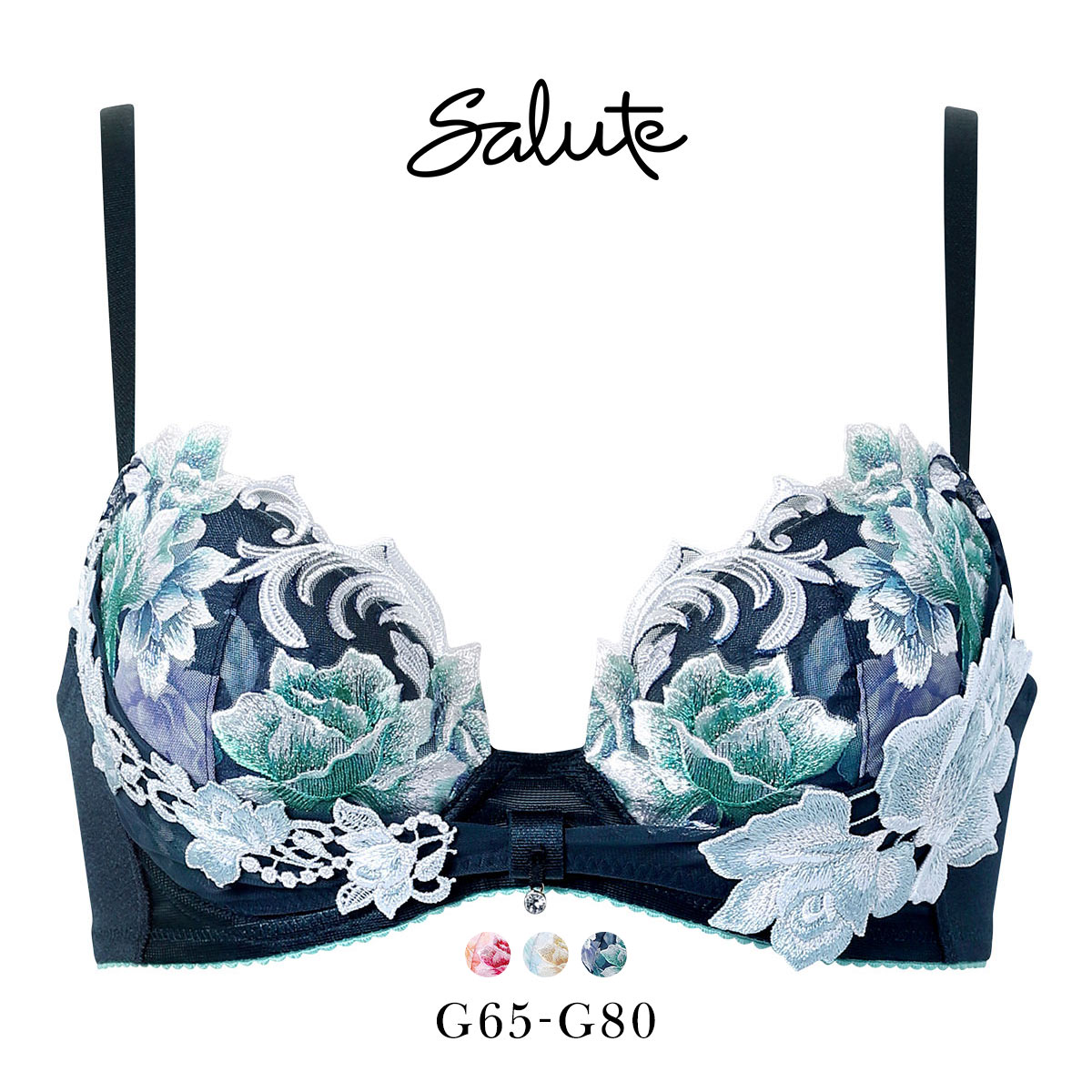 ワコール サルート 26グループ 26G リボンブラ ブラジャー G 谷間キープ 脇高 Wacoal Salute BTJ726 25AWシーズン 大きいサイズ(BG-ブルーグリーン-G65)