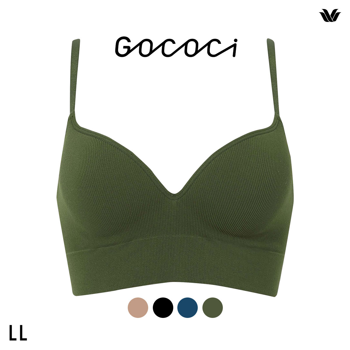ワコール ゴコチ CGG255 リブ ハーフトップ バストラインきれい ノンワイヤー ブラジャー LL ブラレット ワイヤレス Wacoal GOCOCi(GR-グリーン-LL(UB-))