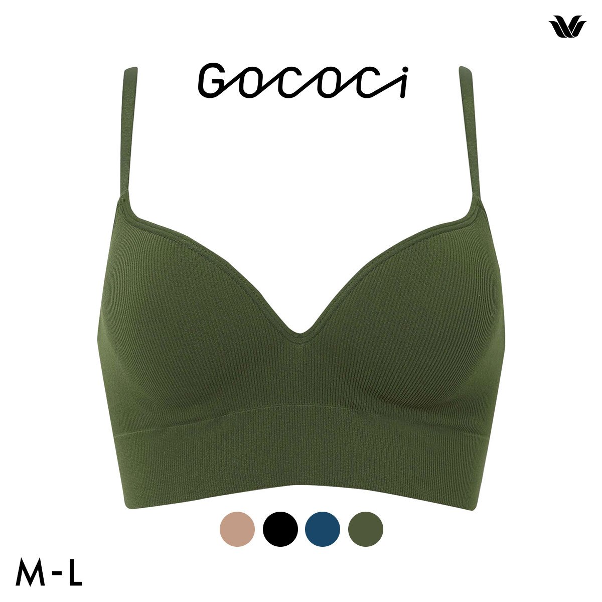 ワコール ゴコチ CGG255 リブ ハーフトップ バストラインきれい ノンワイヤー ブラジャー ML ブラレット ワイヤレス Wacoal GOCOCi(GR-グリーン-M(UB-))