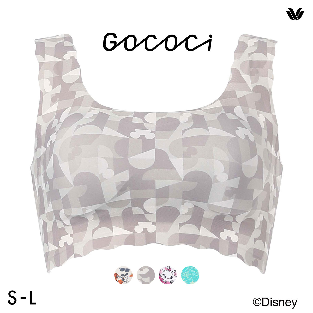 ワコール ゴコチ Disney シームレス ノンワイヤーブラ プリント CGG537 SML ミッキー スティッチ マリー ワイヤレスブラ ブラジャー Wacoal GOCOCi(GY-グレー-S)