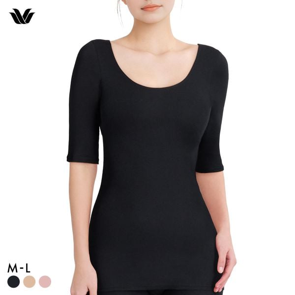 ワコール WACOALコットン ふんわりあったかタイプ Uネック 半袖 5分袖 トップス ML インナー 保温 Wacoal