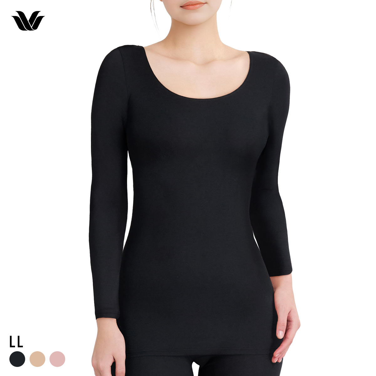 ワコール WACOALコットン ふんわりあったかタイプ Uネック 長袖 8分袖 トップス LL インナー 保温 Wacoal(BK-ブラック-LL)