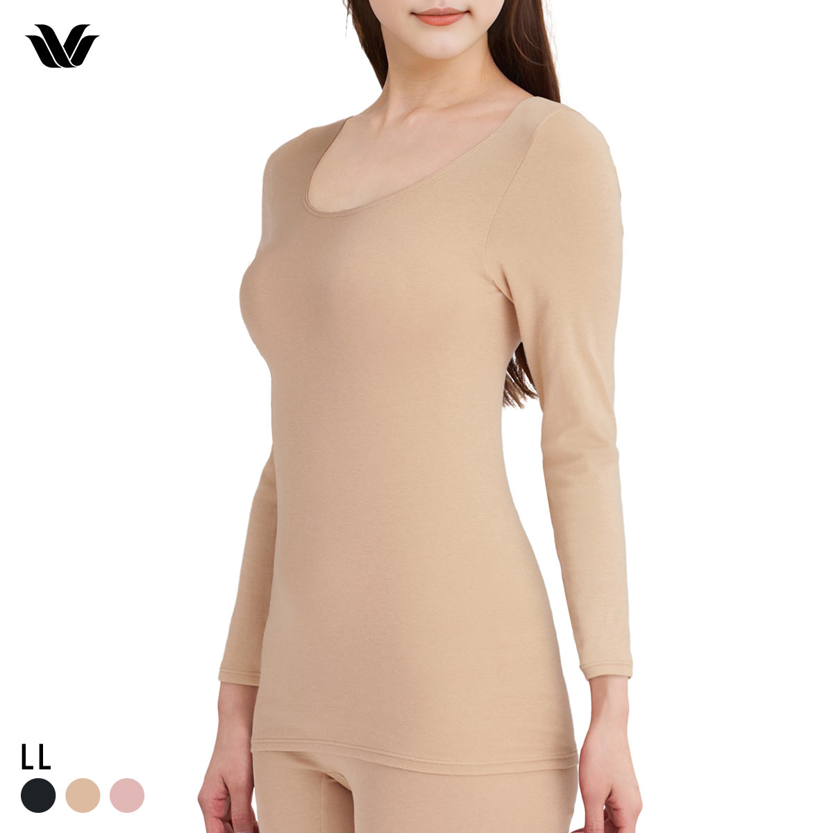 ワコール WACOALコットン ふんわりあったかタイプ Uネック 長袖 8分袖 トップス LL インナー 保温 Wacoal(BE1-ベージュ1-LL)