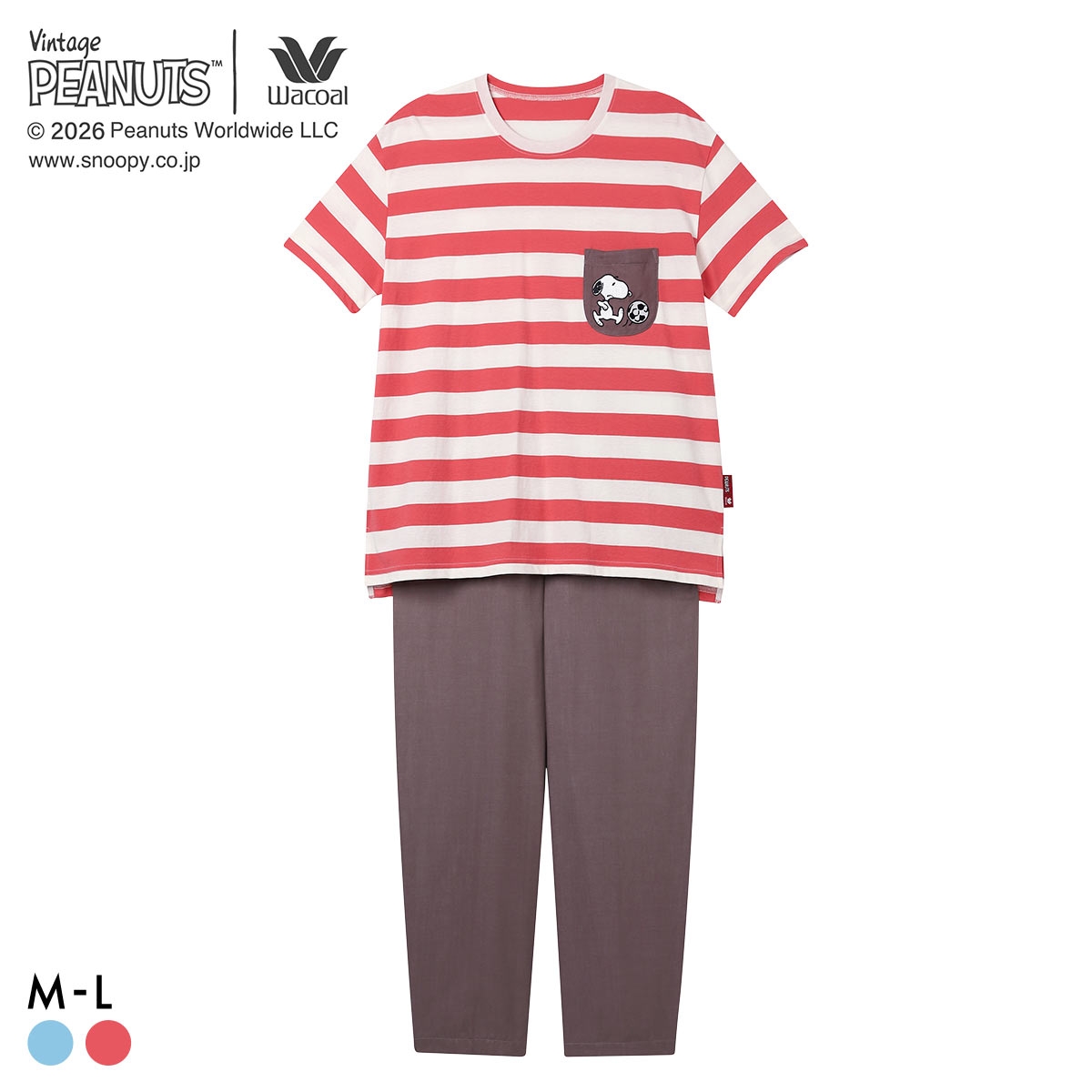ワコール PEANUTS×ワコール ルームウェア 半袖 上下セット 綿100％ パジャマ Wacoal リラックス＆スリープ(RE-レッド-M)