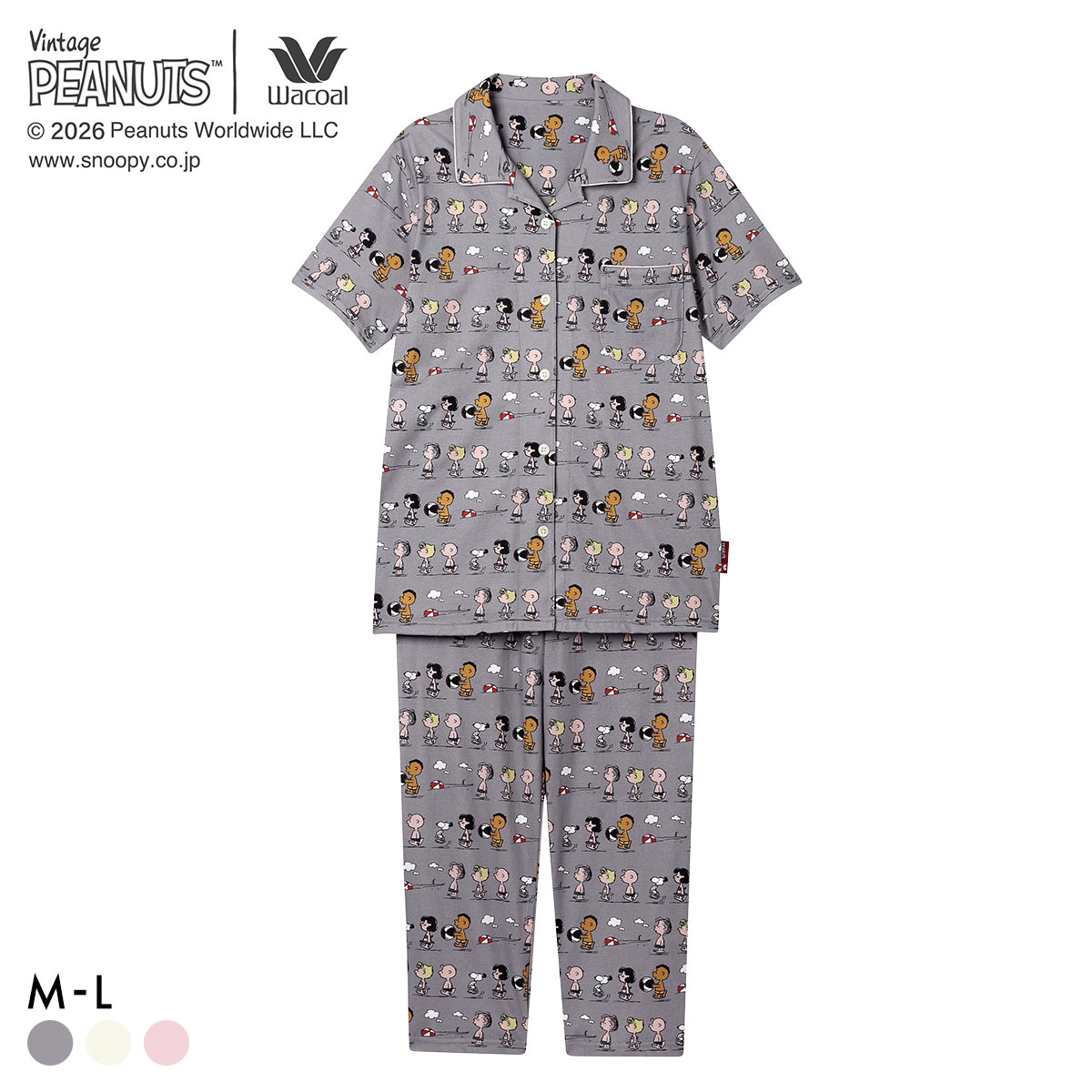 ワコール PEANUTS×ワコール シャツパジャマ 半袖 上下セット 綿100％ ルームウェア Wacoal リラックス＆スリープ(GY-グレー-M)