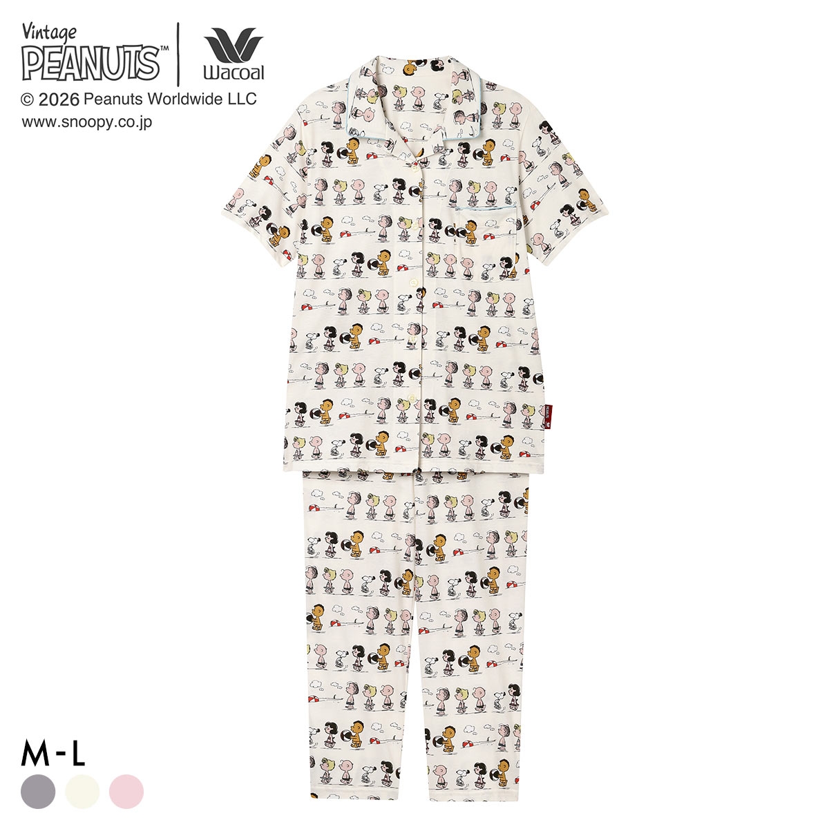 ワコール PEANUTS×ワコール シャツパジャマ 半袖 上下セット 綿100％ ルームウェア Wacoal リラックス＆スリープ(IV-アイボリー-M)