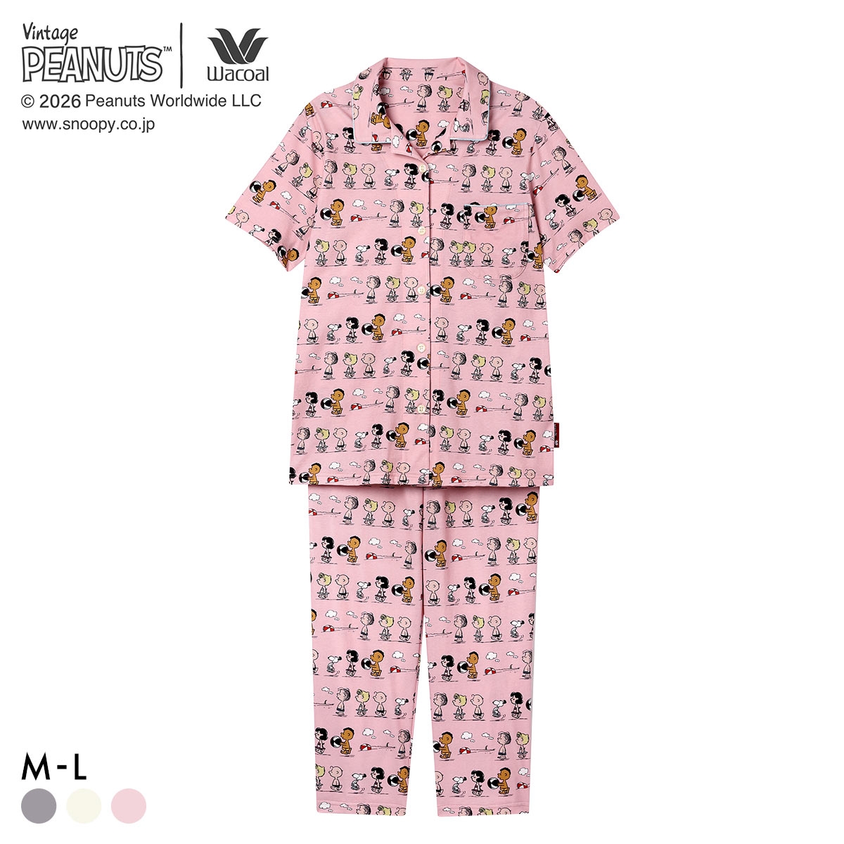 ワコール PEANUTS×ワコール シャツパジャマ 半袖 上下セット 綿100％ ルームウェア Wacoal リラックス＆スリープ(PI-ピンク-M)