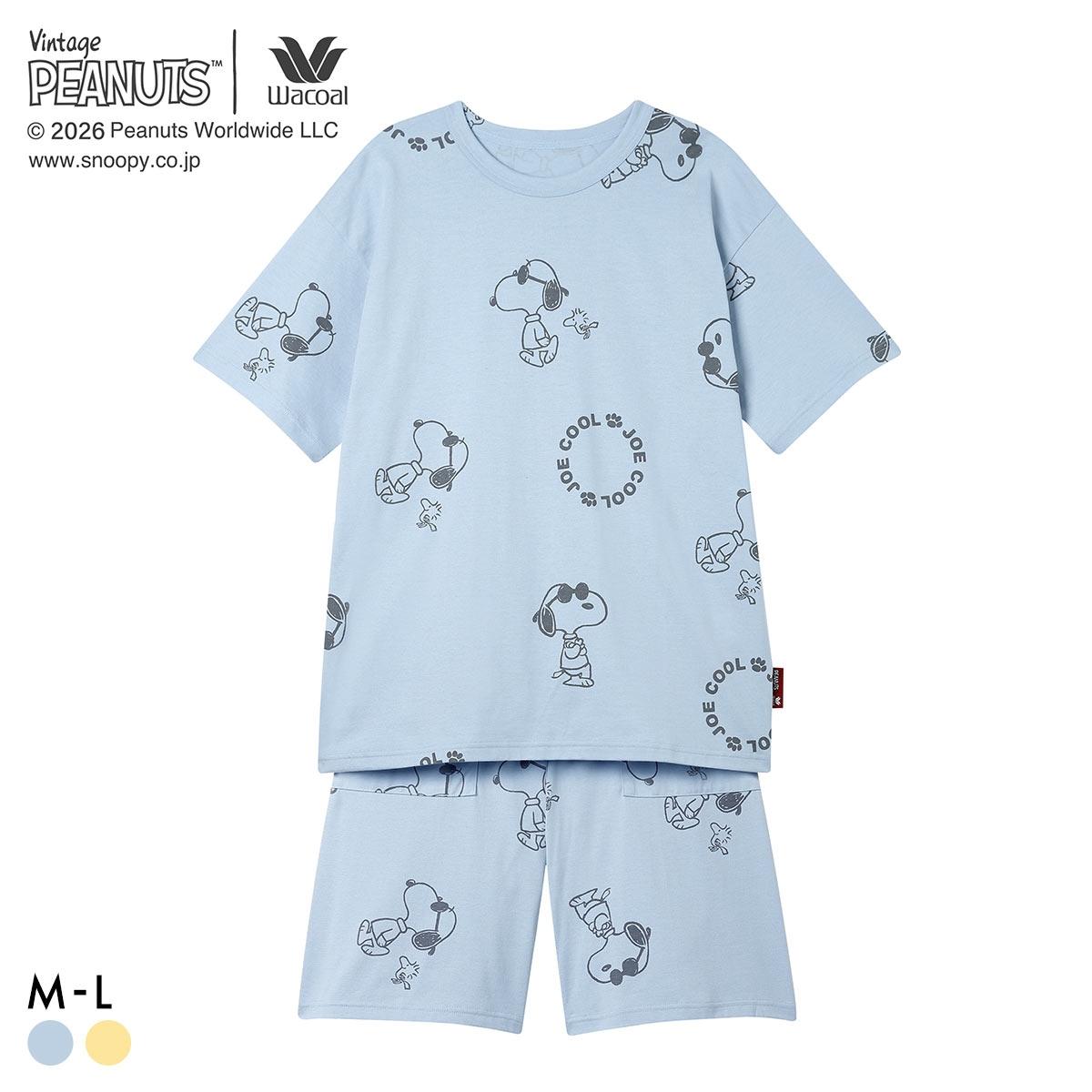 ワコール PEANUTS×ワコール ルームウェア 半袖 上下セット JOE COOL 綿100％ パジャマ Wacoal リラックス＆スリープ(SX-サックス-M)