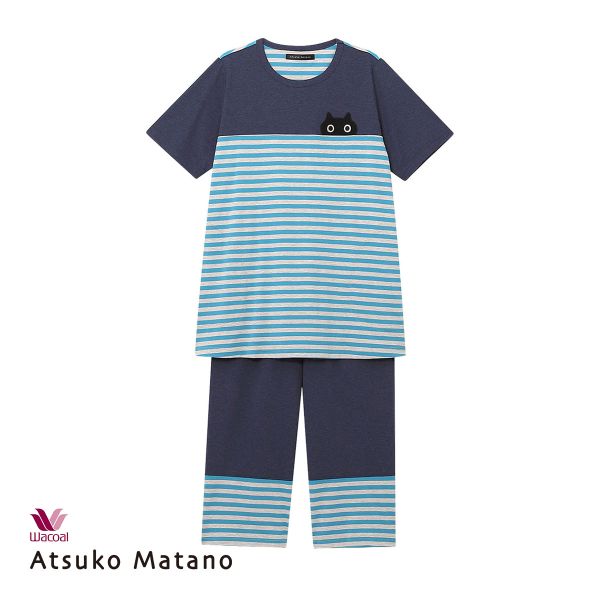ワコール Wacoal マタノ アツコ ATSUKO MATANO ネコ ボーダー パジャマ ML 綿100％ ナイティ パジャマ 上下セット